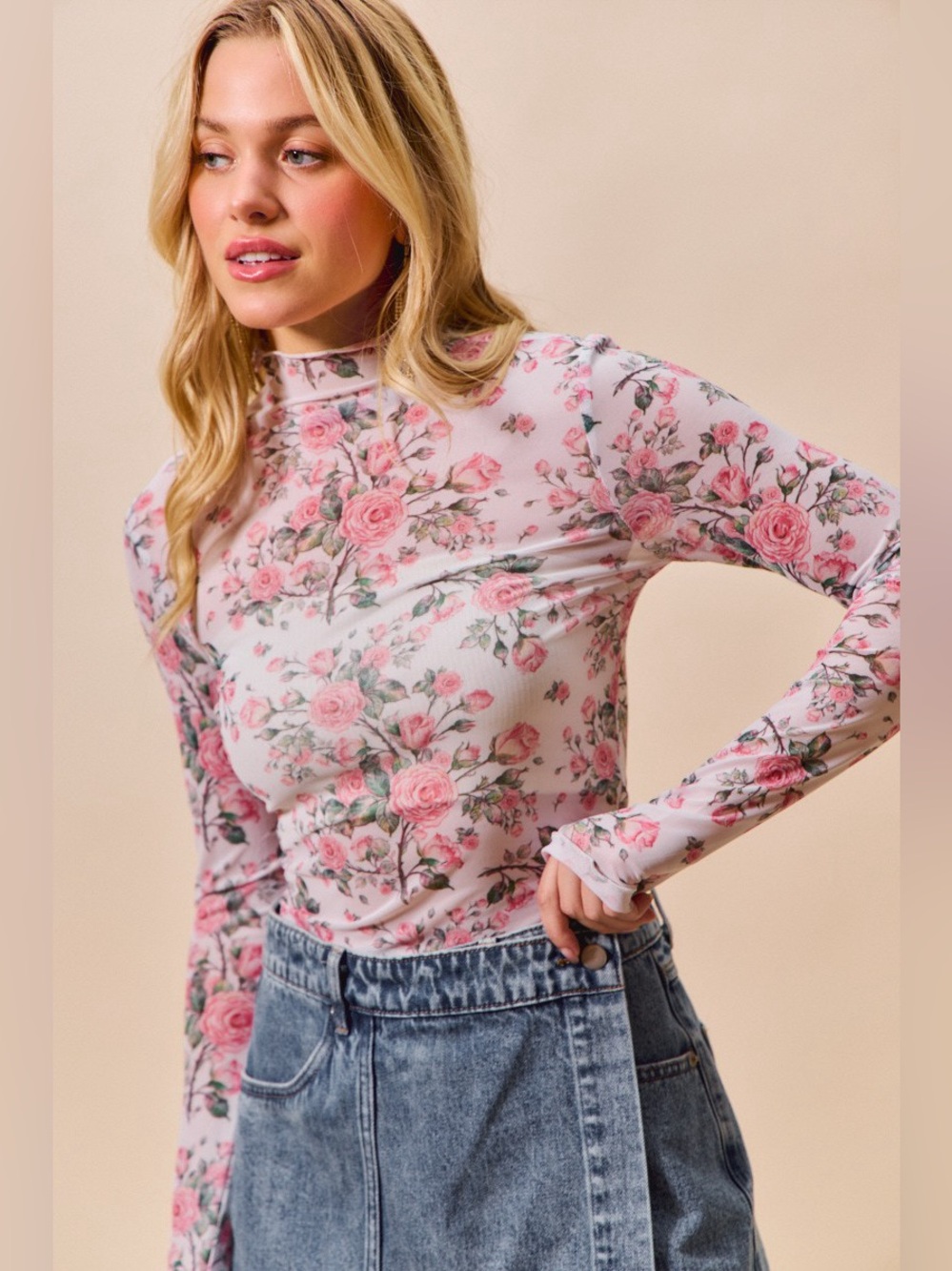 SO ME Floral Rose Print Mesh Sheer Layering Top